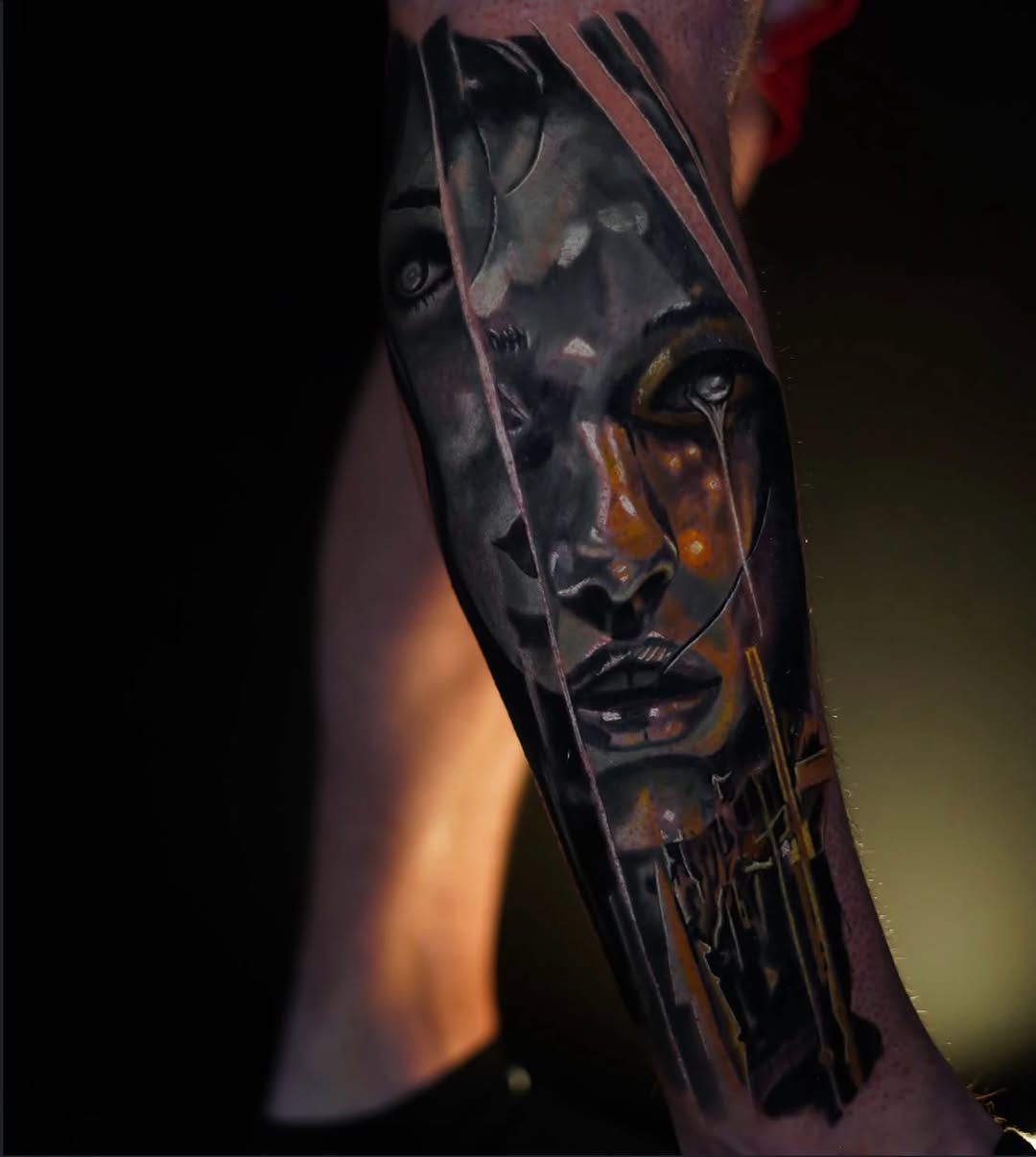 Abstract face surrealism tattoo on the forearm by @inkedbystabby, Manchester, New Hampshire