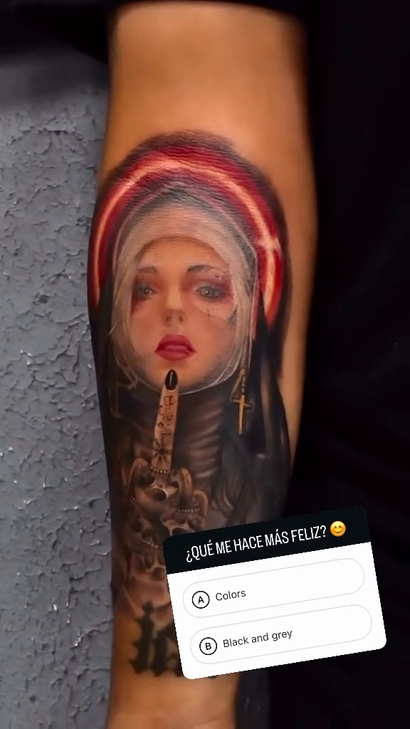 Nun with halo and skeleton Chicano tattoo on the forearm by Fox