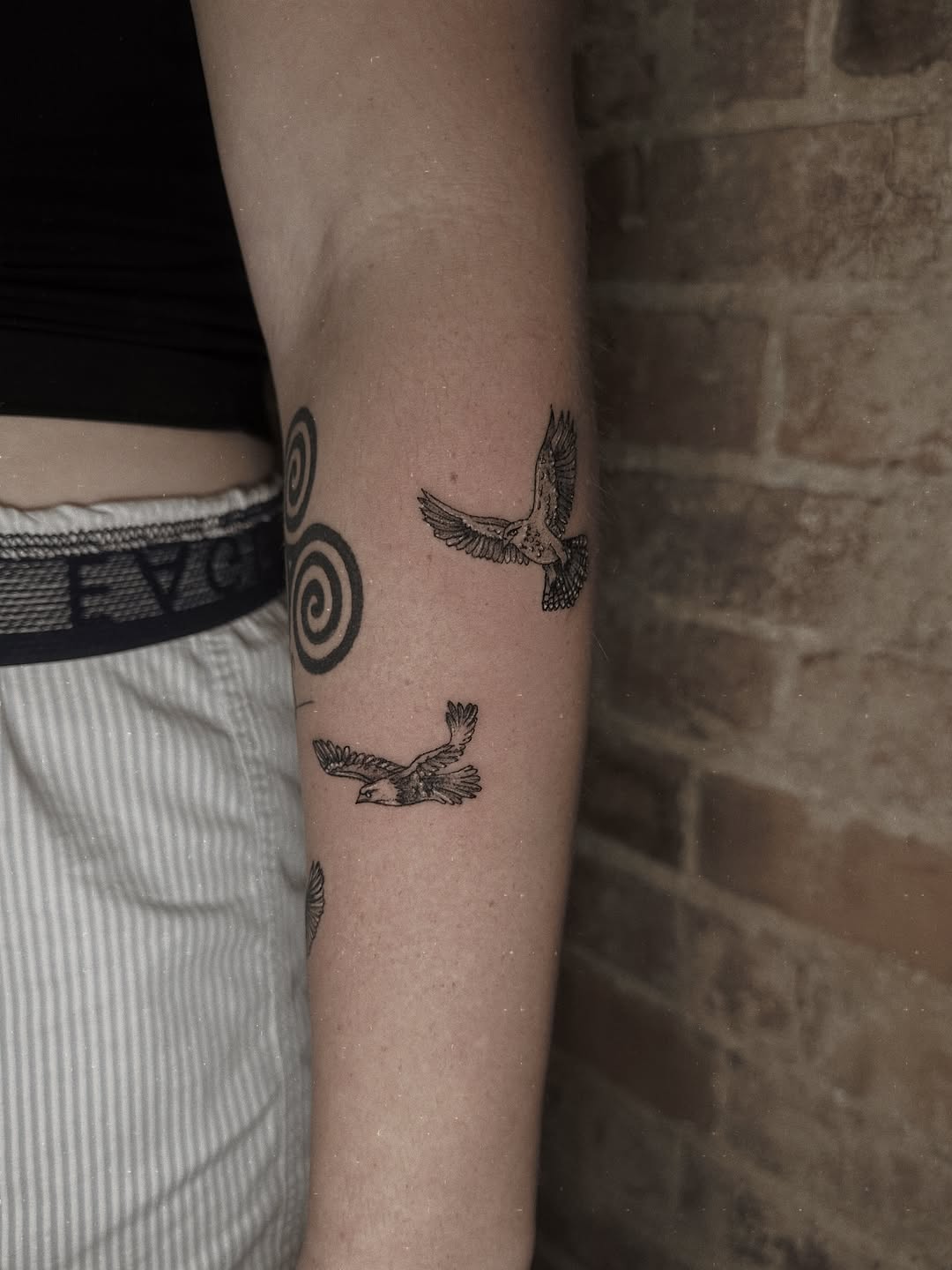 Flying birds fine line tattoo on the forearm by E L I Z A H B e T H H D e S I G N S
