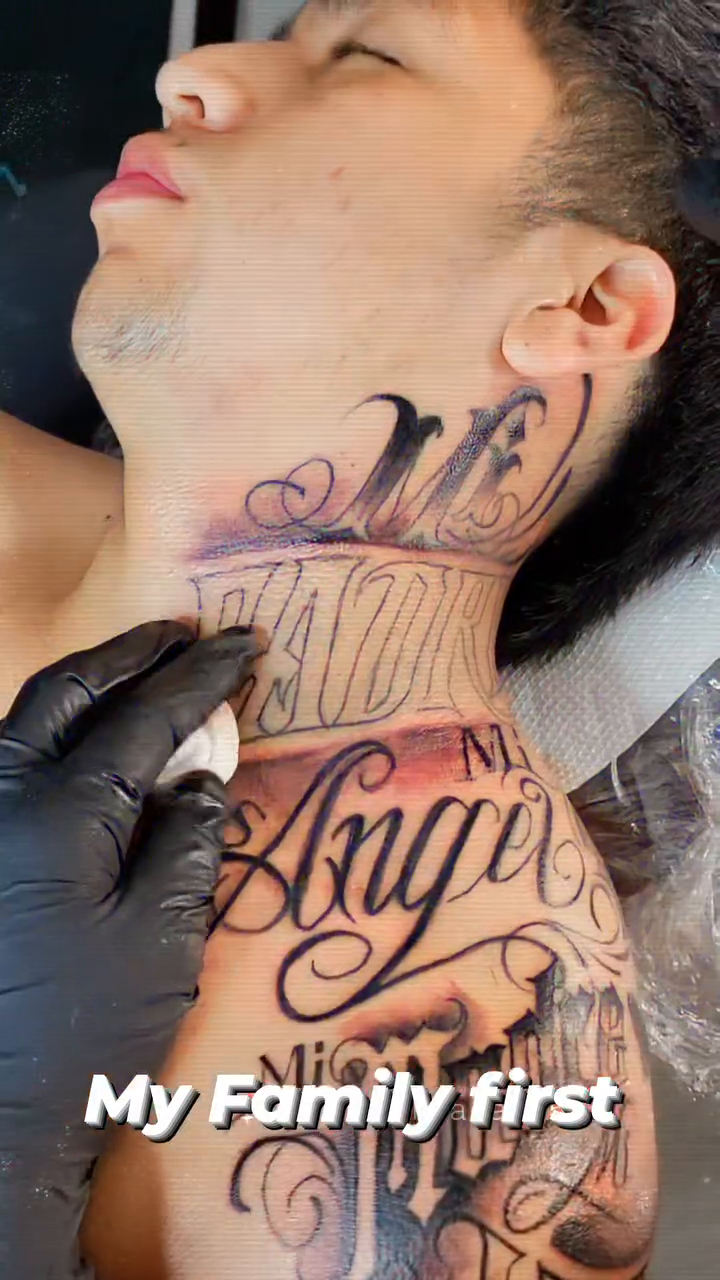 Script tattoo on chest and neck Chicano tattoo on the chest by Aguascali Firme