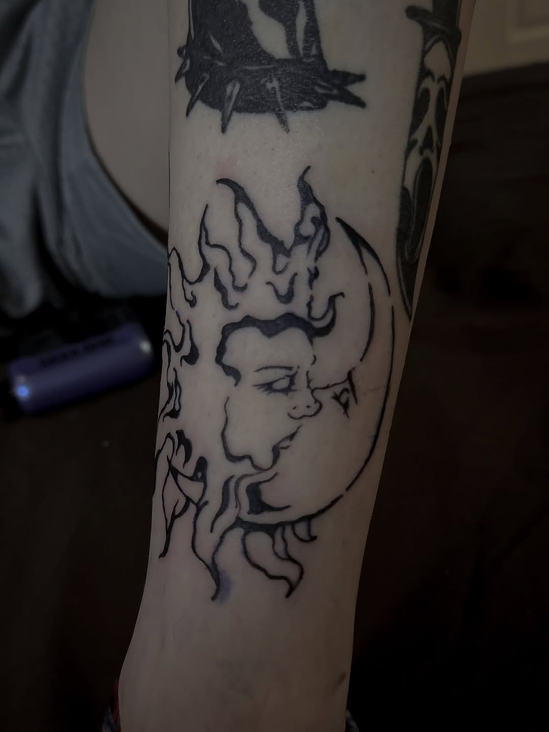 Sun and moon faces surrealism tattoo on the forearm by ☆ ciara ☆