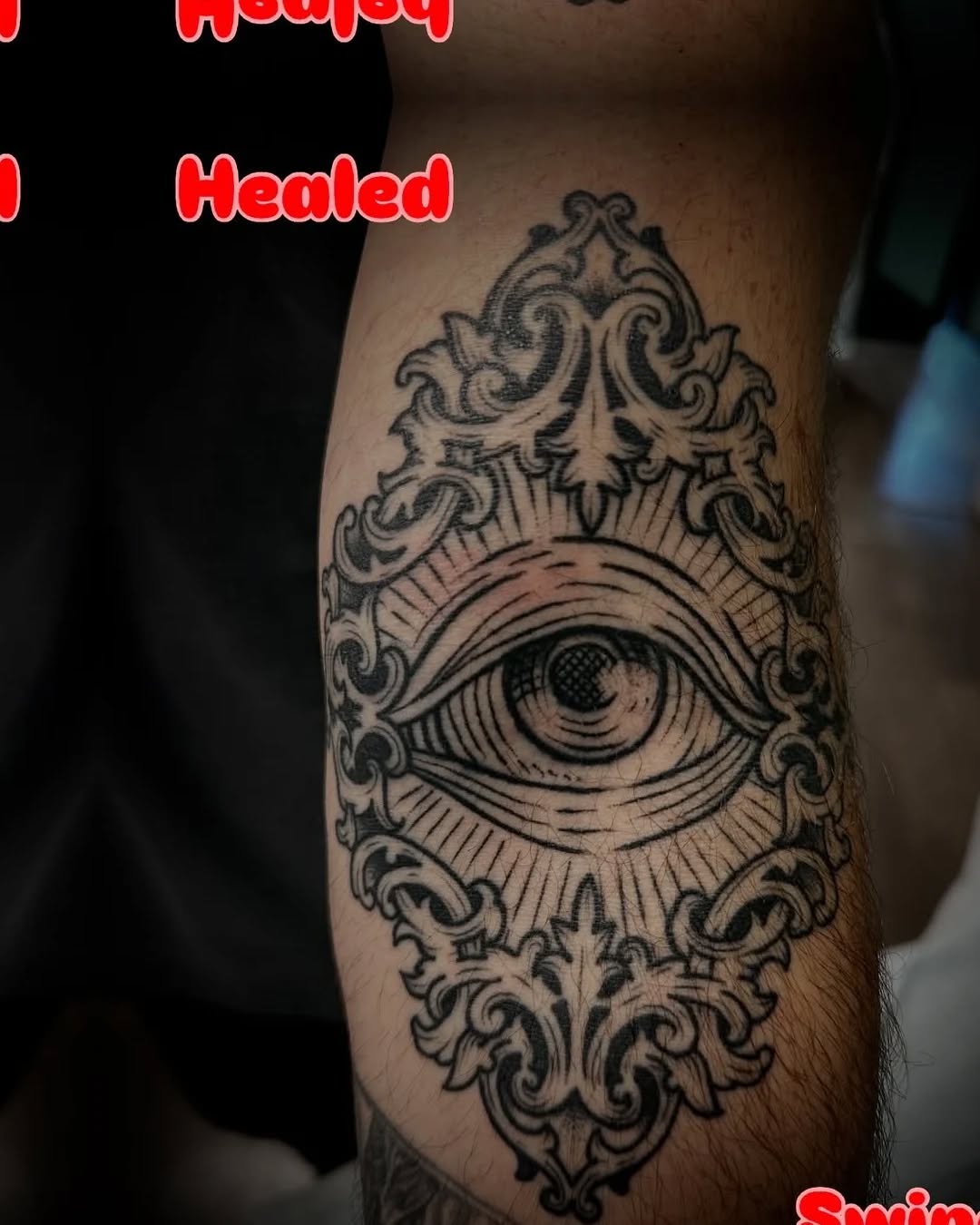 All-seeing eye in an ornate frame geometric tattoo on the forearm by @jose.phinelynch