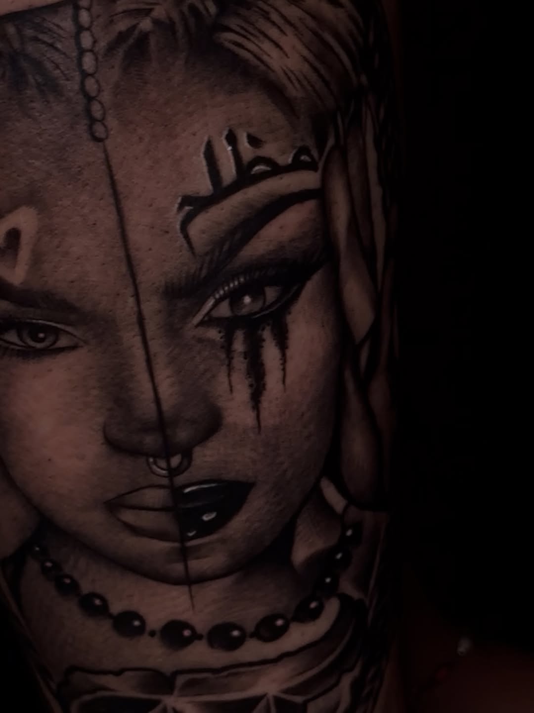 Split face portrait realism tattoo on the head by Jay Daartist