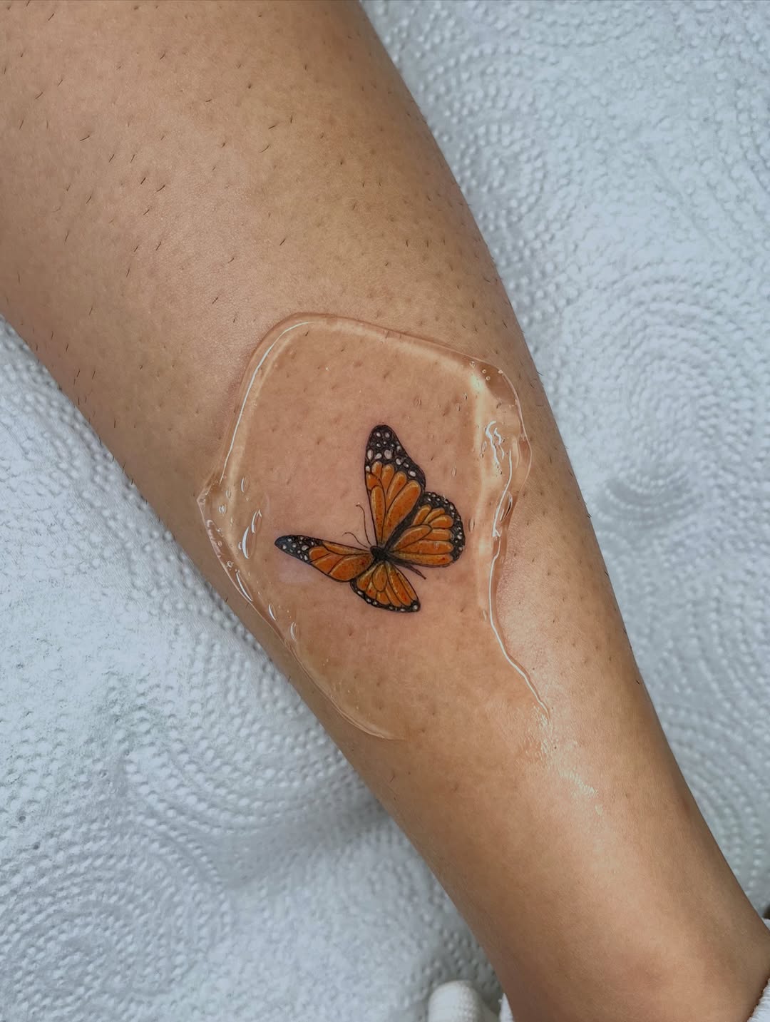 Monarch butterfly fine line tattoo on the forearm by kt