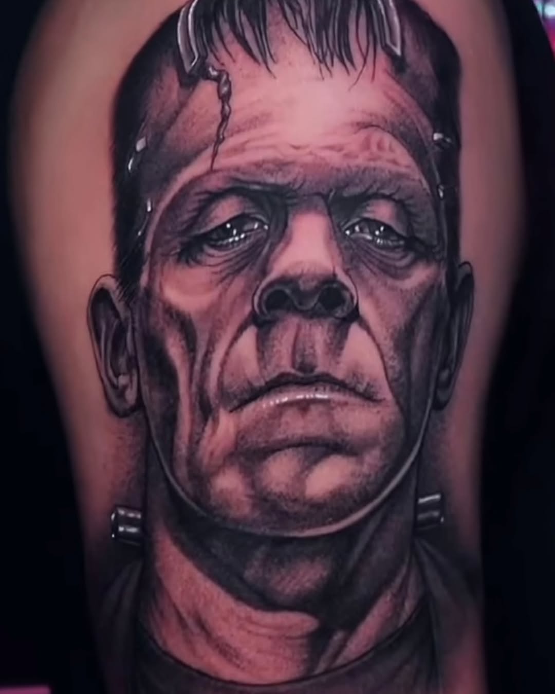 Frankenstein's monster portrait realism tattoo on the forearm by Chato