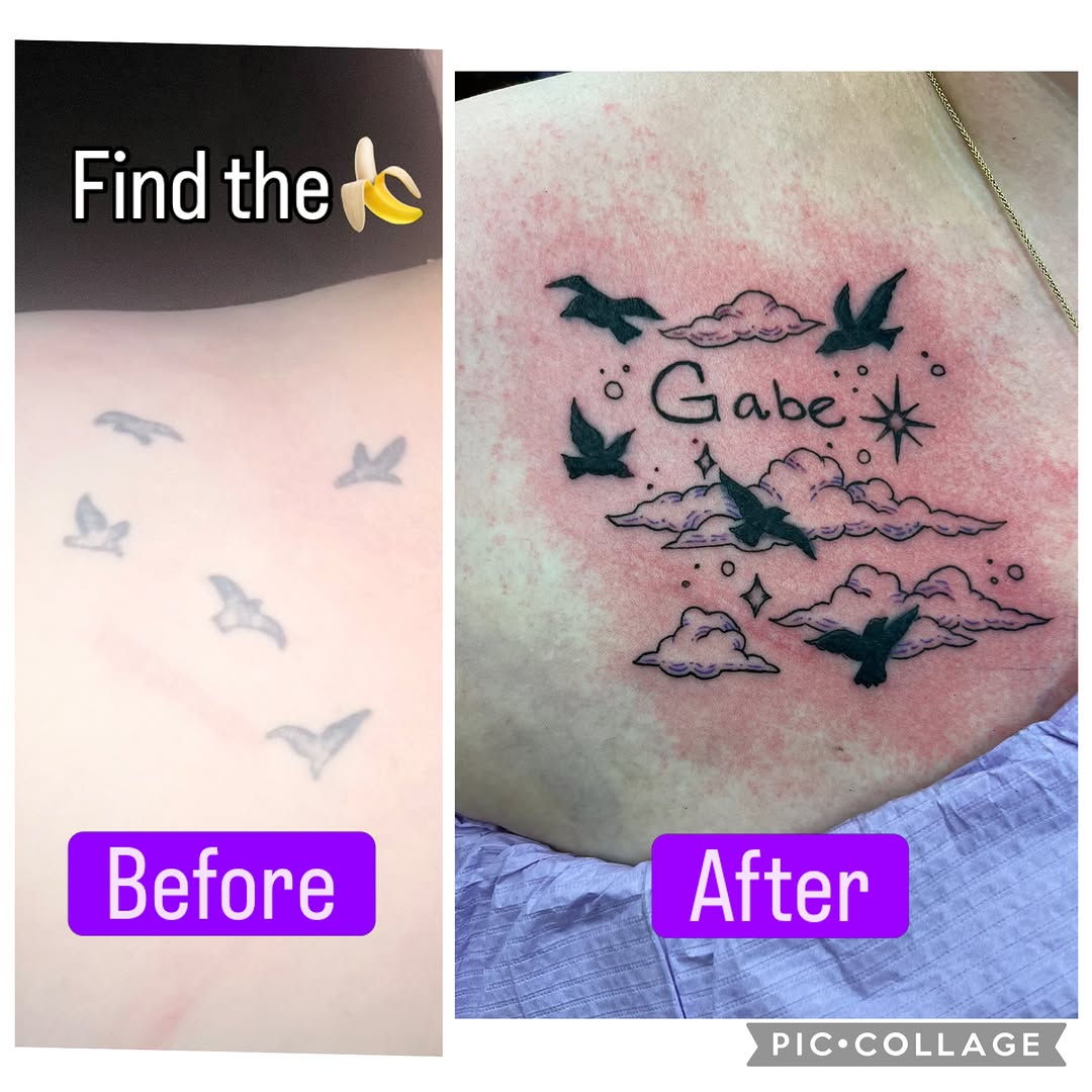 Birds and clouds with name tattoo on the back by Megan Merrell (Butler)