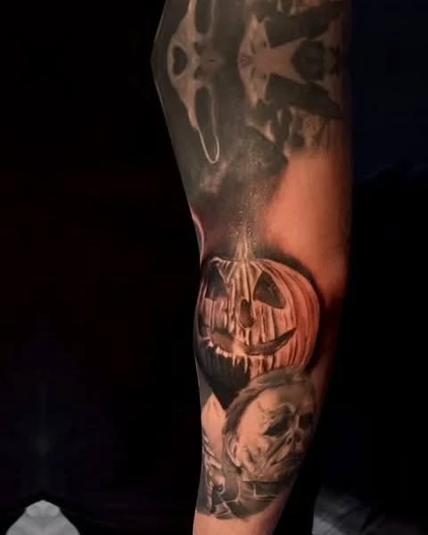 Horror movie characters realism tattoo on the forearm by Janice Heathcote