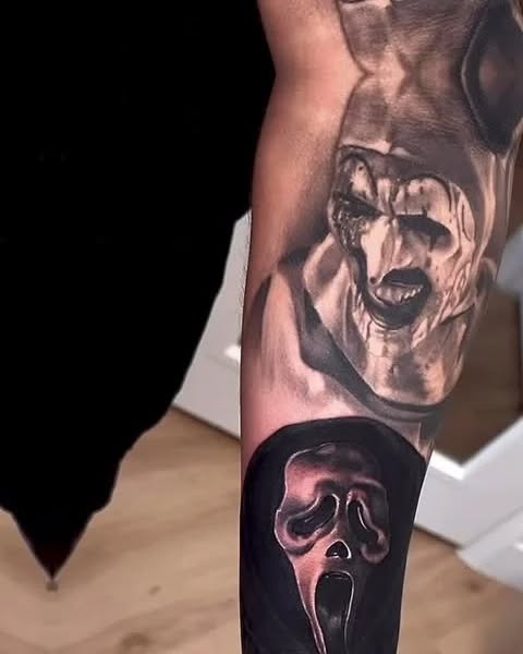 Horror movie characters realism tattoo on the forearm by Janice Heathcote
