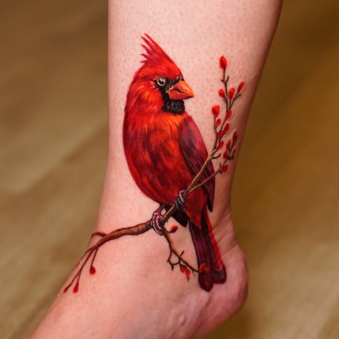 Cardinal on a branch realism tattoo on the forearm by David Gordon