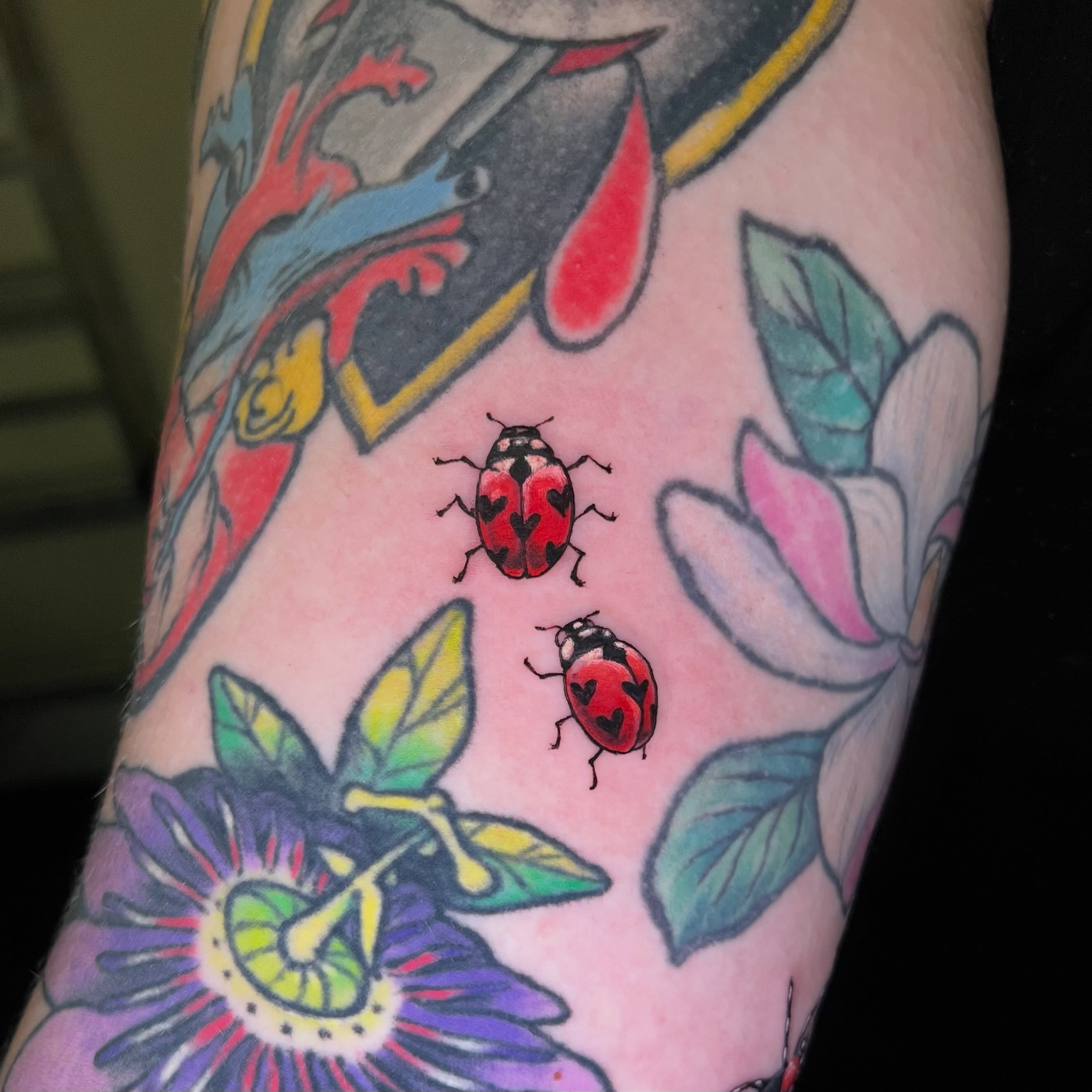 Ladybugs American traditional tattoo on the forearm by 🪴Amanda Lugo🪴 Ocala Tattoo Artist
