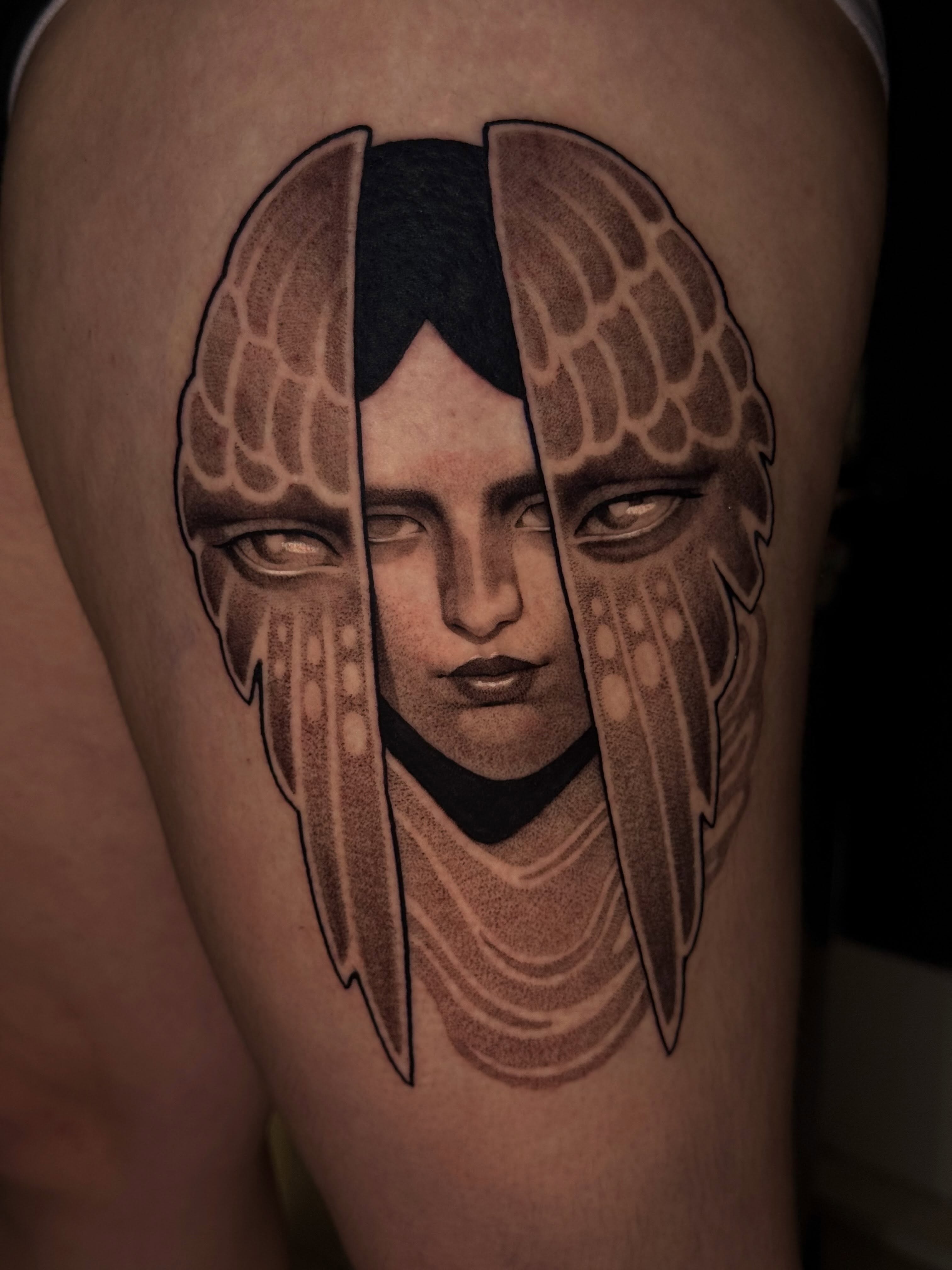 Woman's face realism tattoo on the thigh by Marina Spell