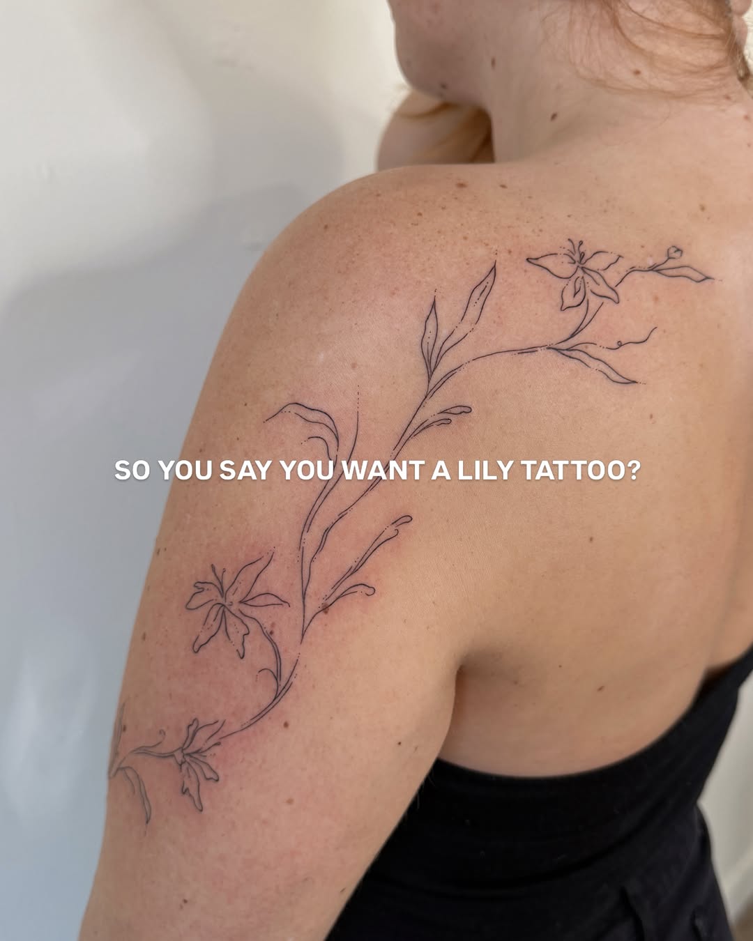 Lily fine line tattoo on the shoulder by Inky Apricot, Austin, Texas