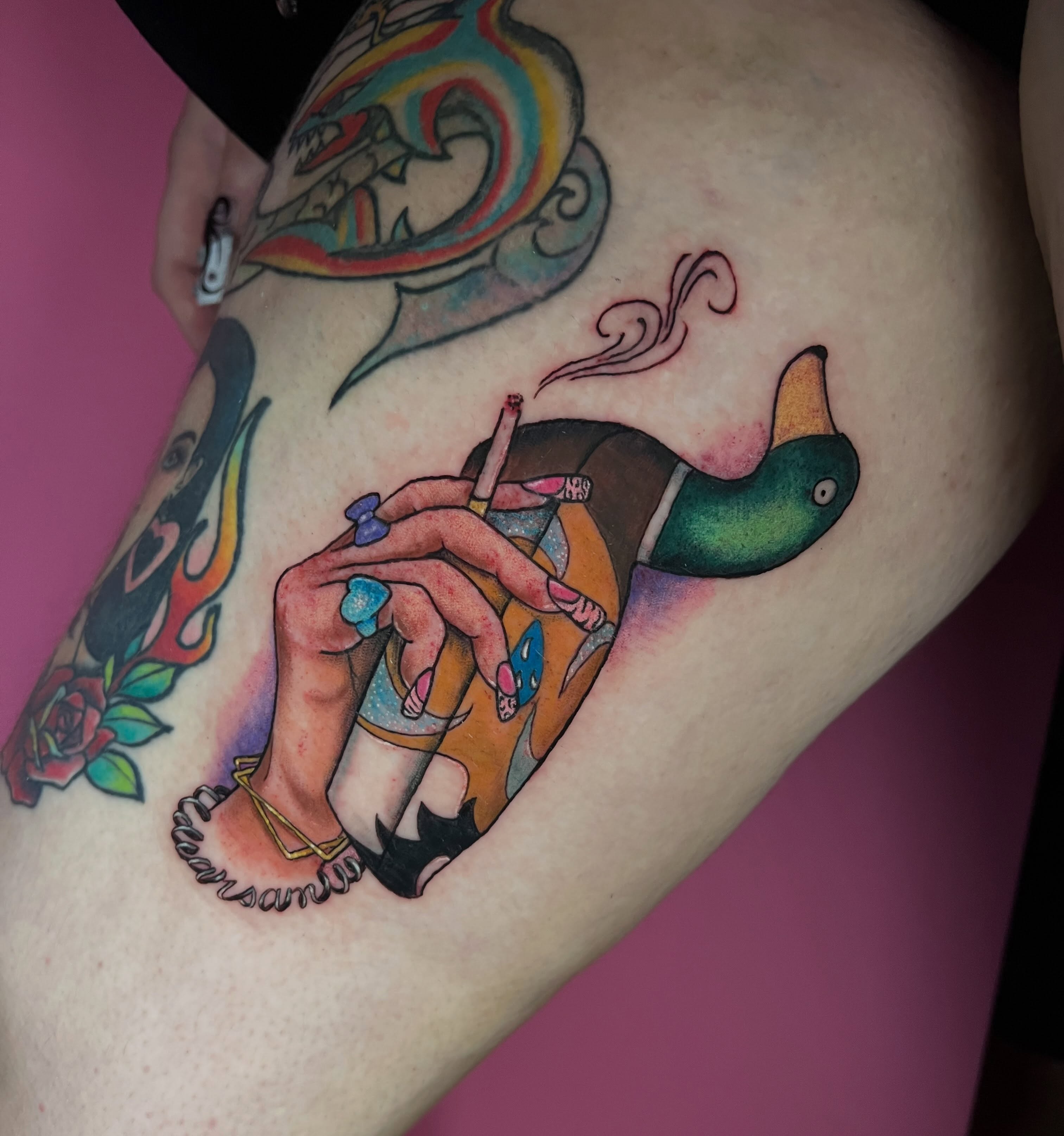Duck smoking new school tattoo on the thigh by jessica valentine