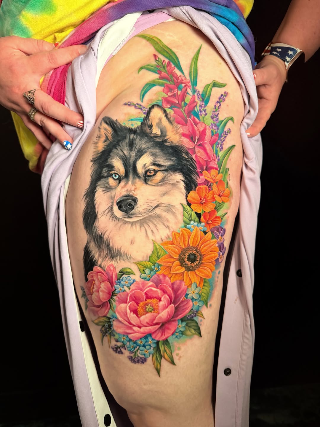 Wolf and flowers neo-traditional tattoo on the thigh by Violet Michelle Williams, Charlotte, North Carolina
