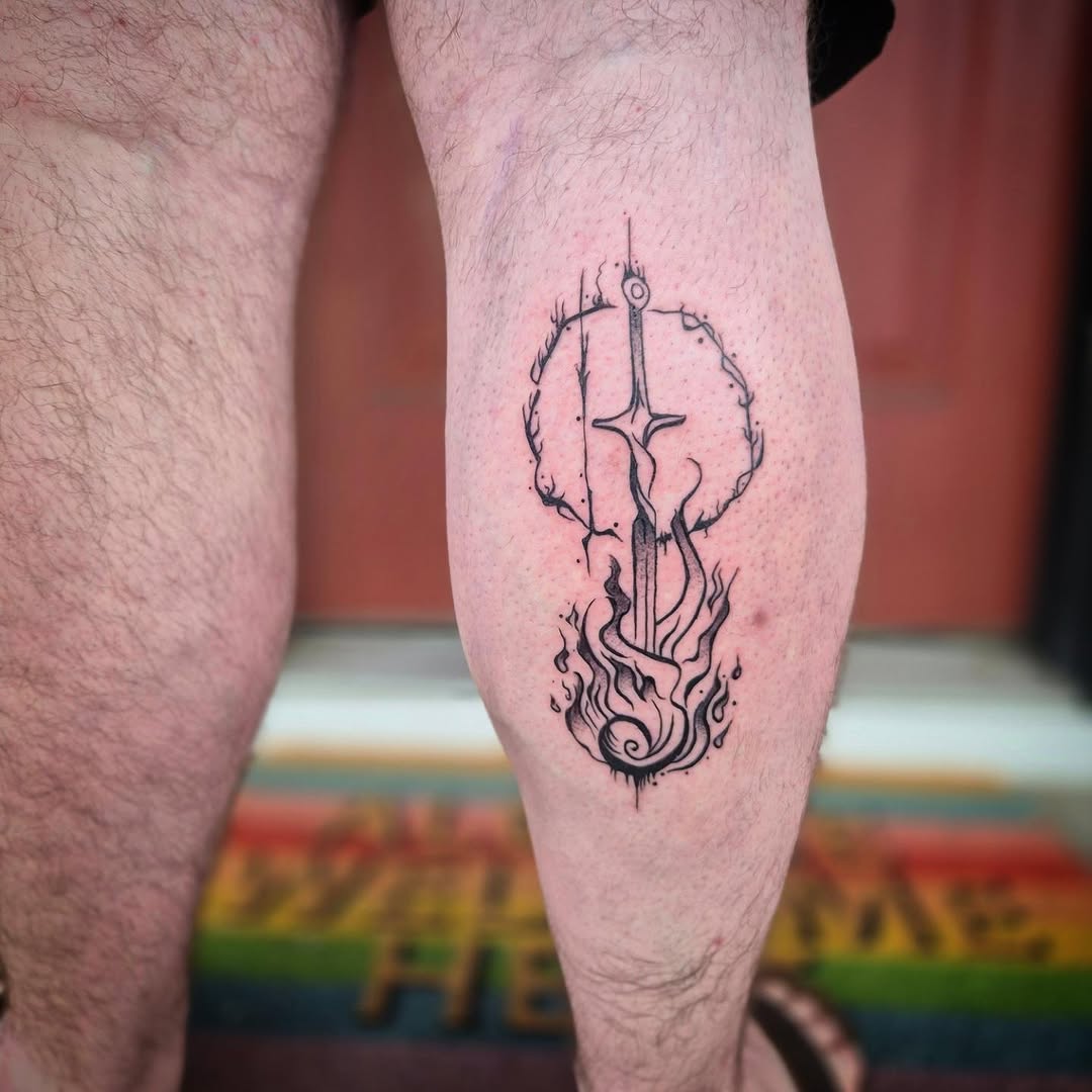 Sword in flames cyber sigilism tattoo on the calf by π΅ππππ§π»ββοΈβΛκ©ο½‘β