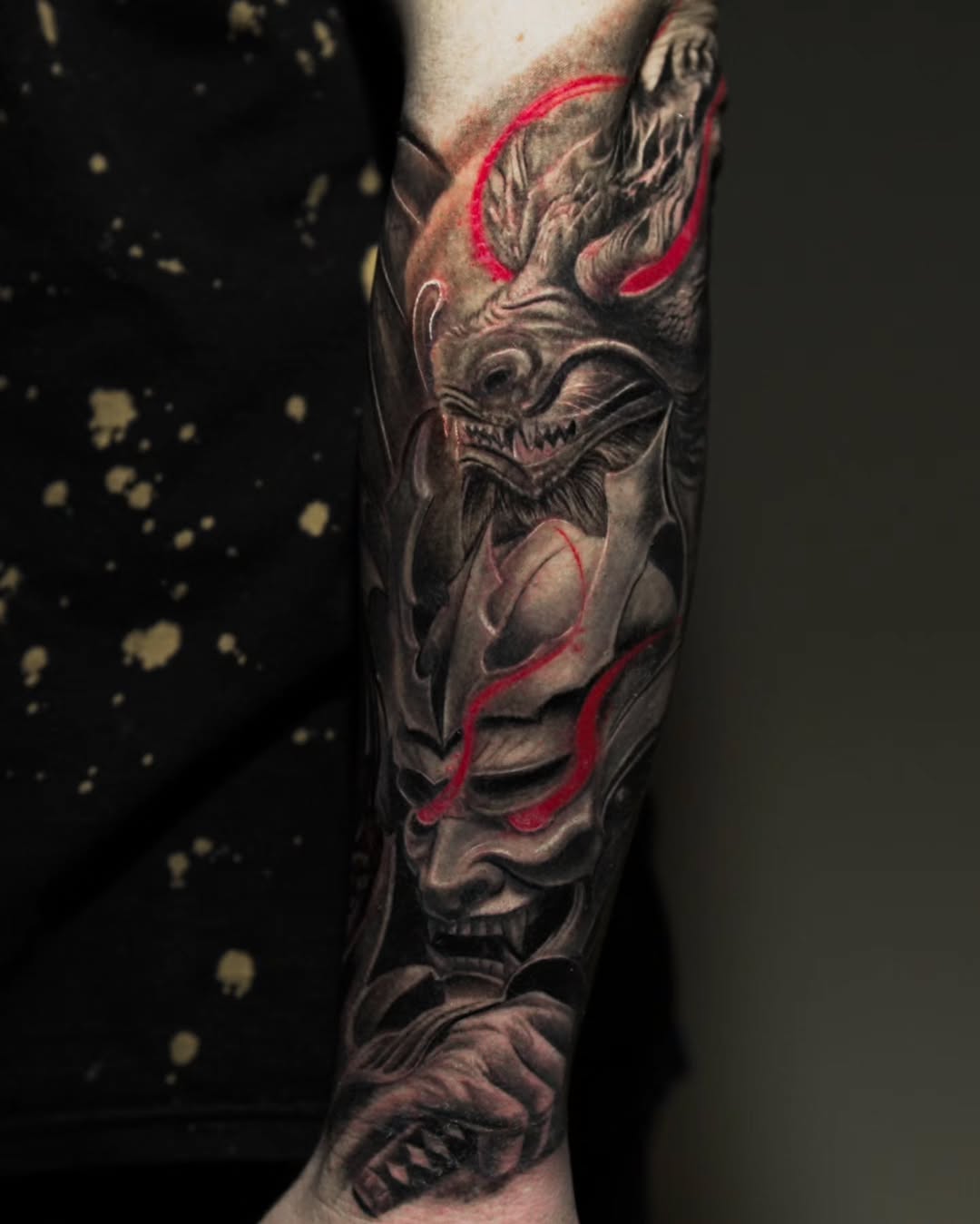 Demon mask and dragon Japanese tattoo on the forearm by Baxtertattoo