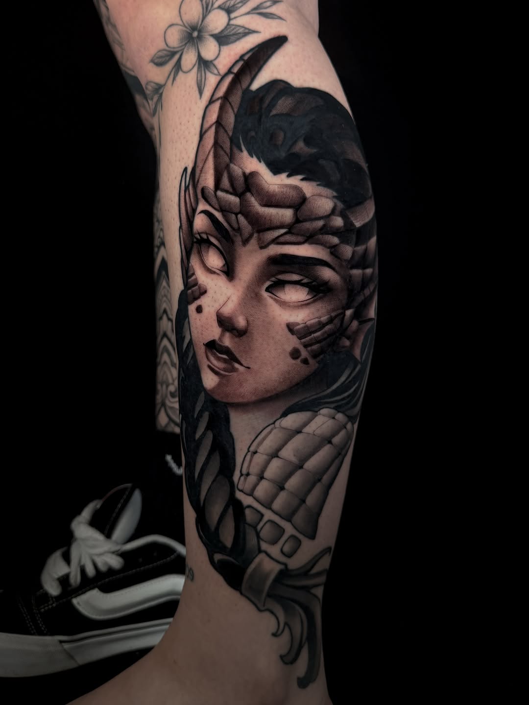 Dragon-like woman portrait realism tattoo on the forearm by Carlos Valdes ✨ Tattoo Artist in Tampa FL