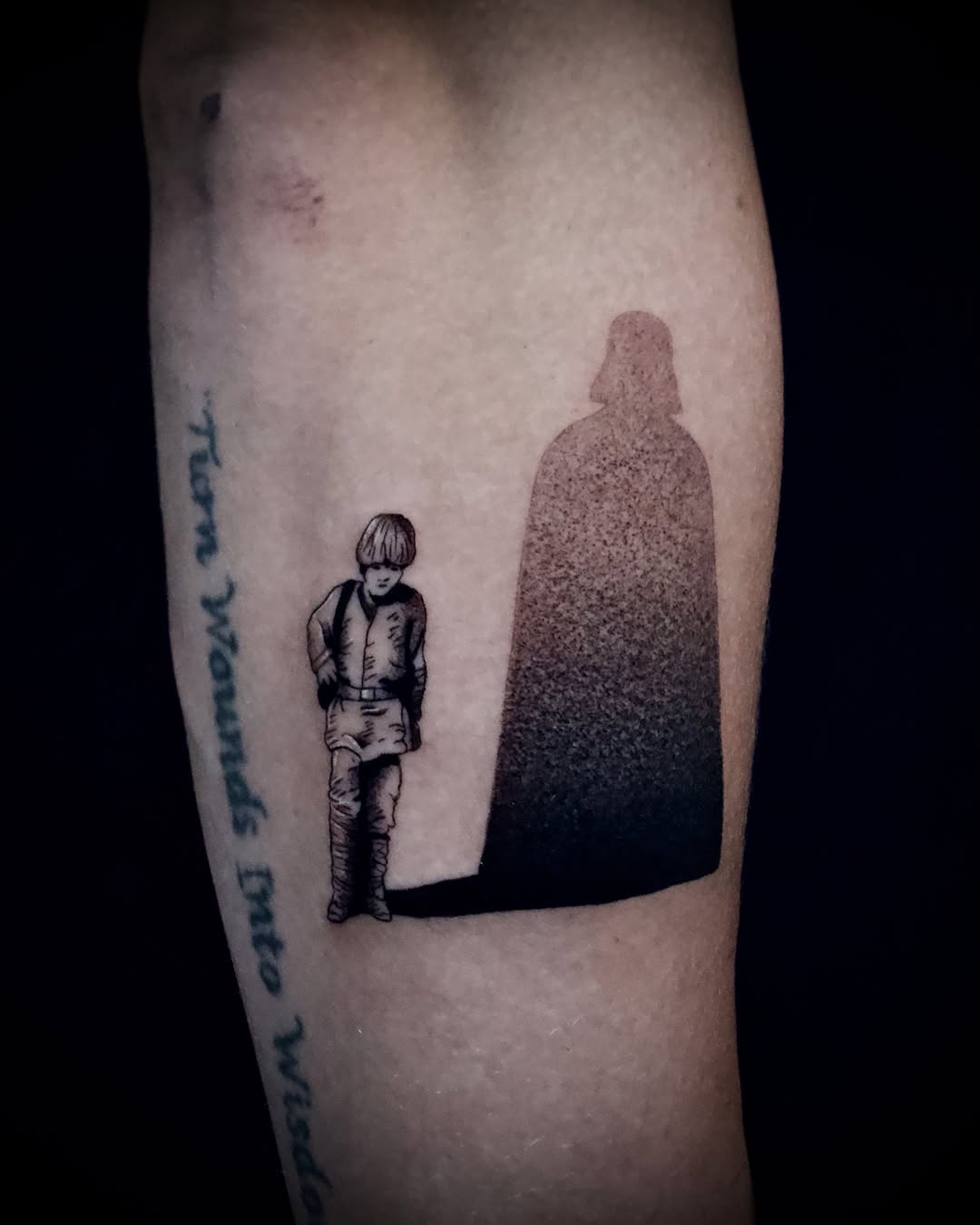 Luke Skywalker and Darth Vader shadow tattoo on the forearm by Kanya, Alhambra, California