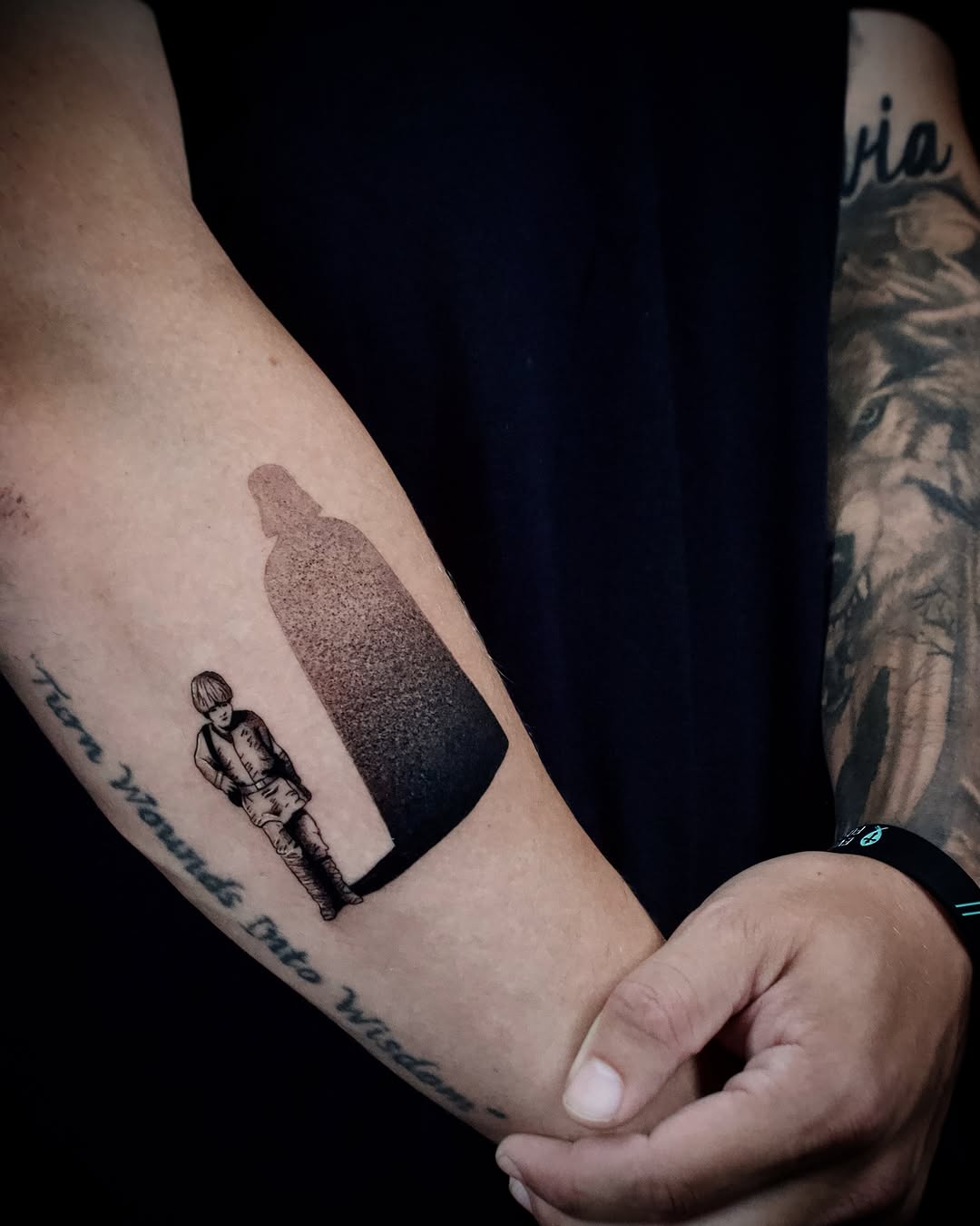 Child casting a shadow surrealism tattoo on the forearm by Kanya, Alhambra, California