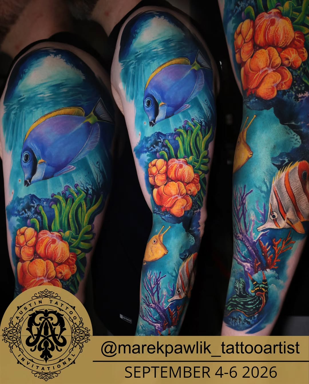 Underwater scene with fish and coral watercolor tattoo on the upper arm by Marek Pawlik