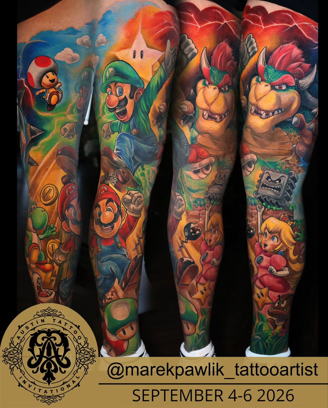 Super Mario characters and elements new school tattoo on the forearm by Marek Pawlik