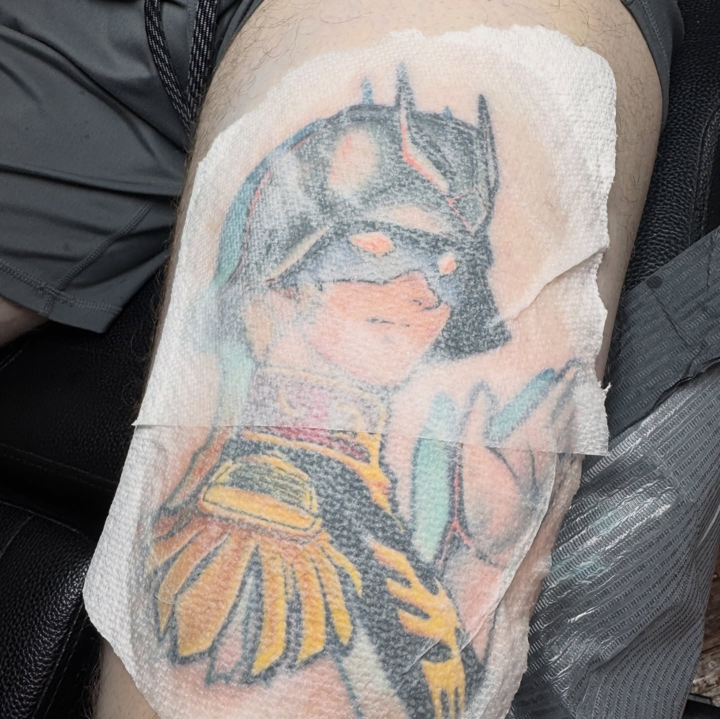 Batman anime tattoo on the thigh by Eric Burns - NoVA Tattoo Artist
