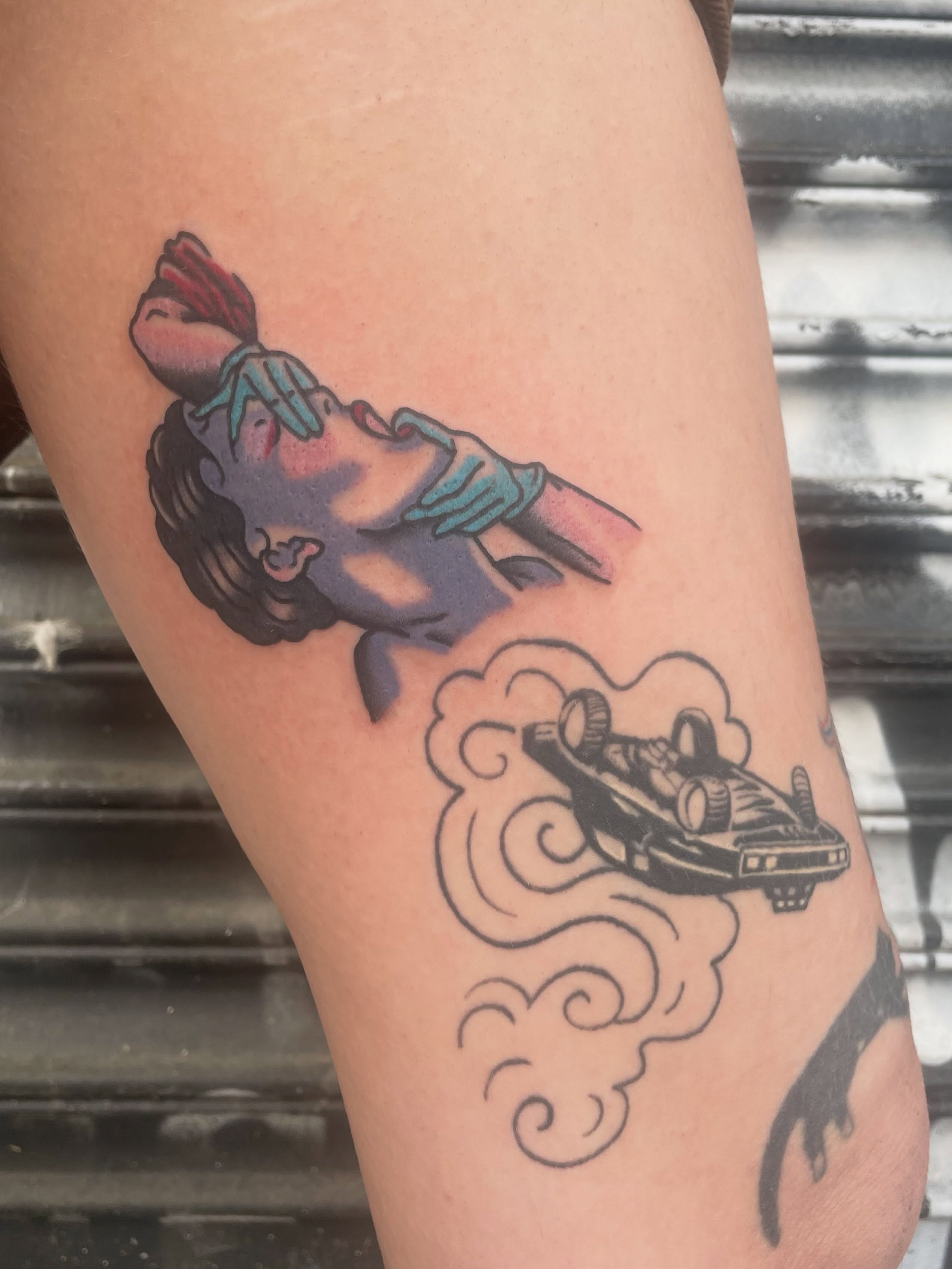 Woman and car American traditional tattoo on the thigh by Sylvie