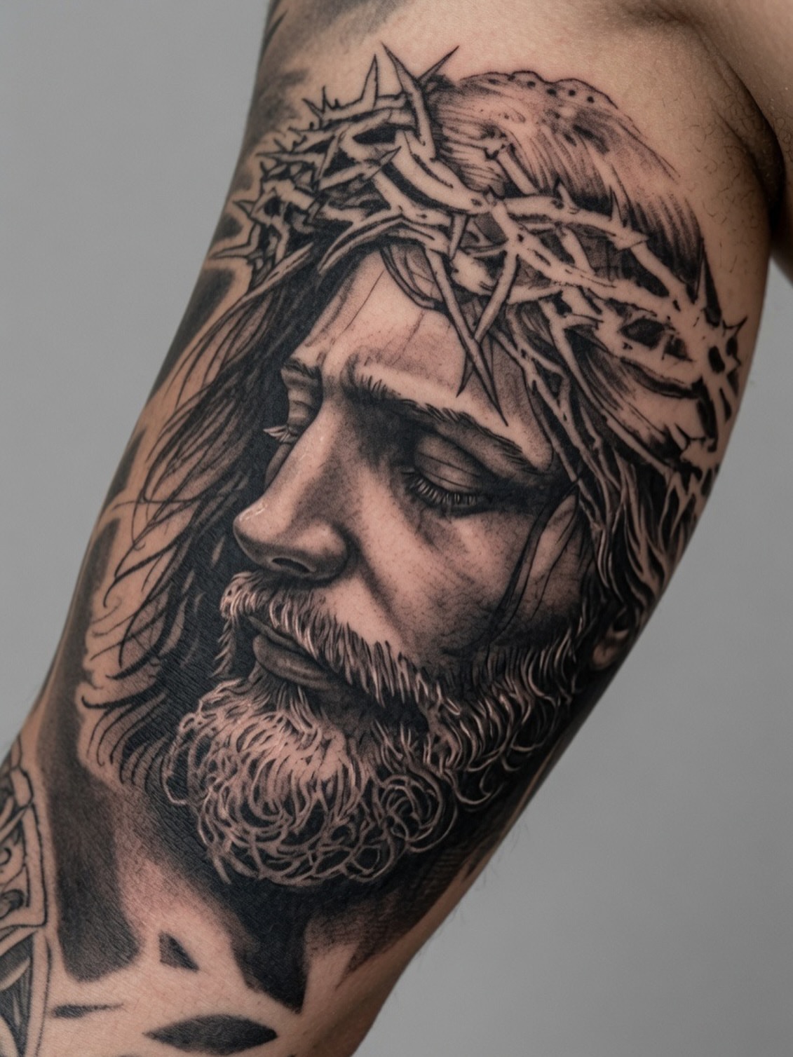 Jesus Christ realism tattoo on the forearm by Dmitrii Damoer, New York, New York