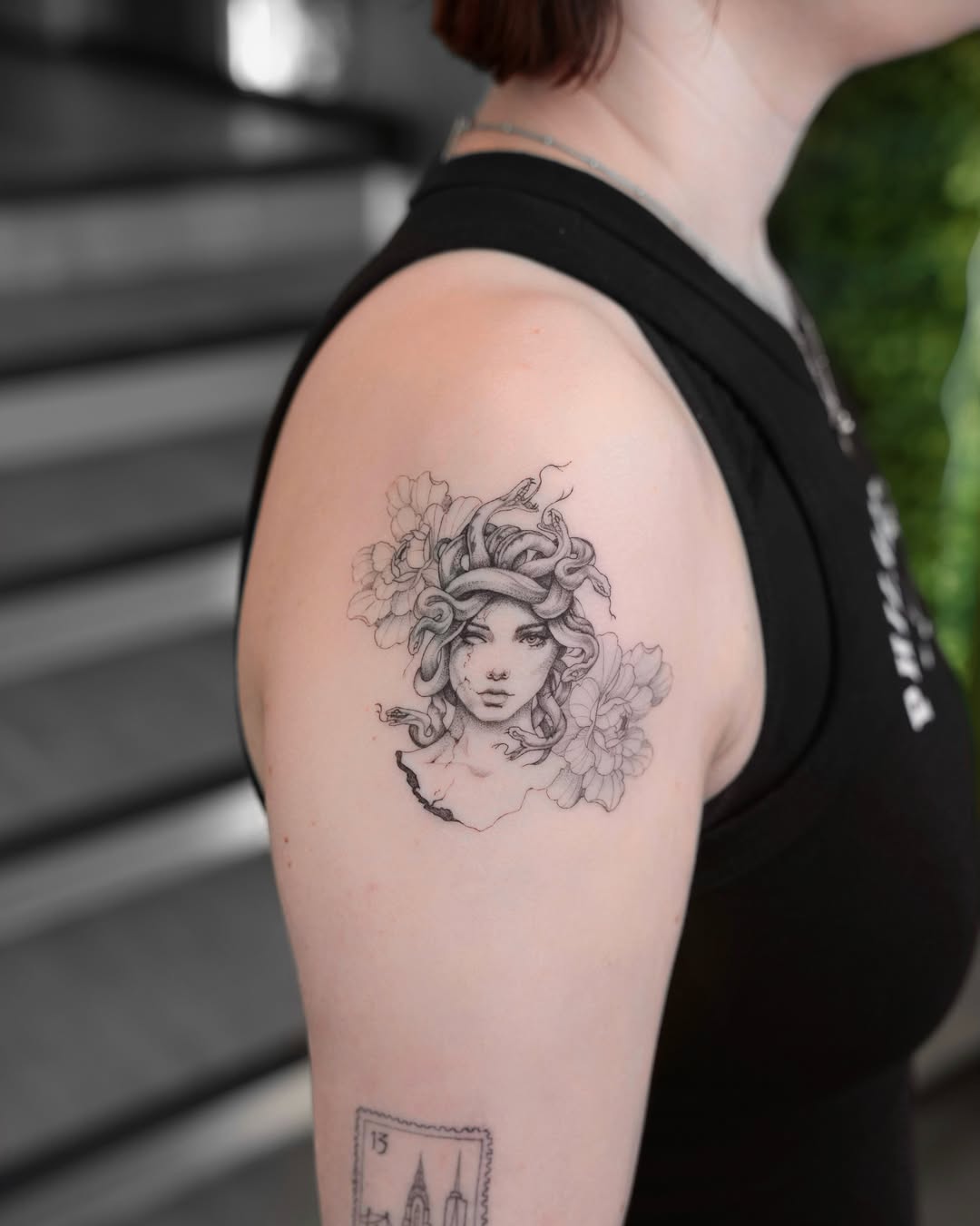 Medusa realism tattoo on the shoulder by Julia