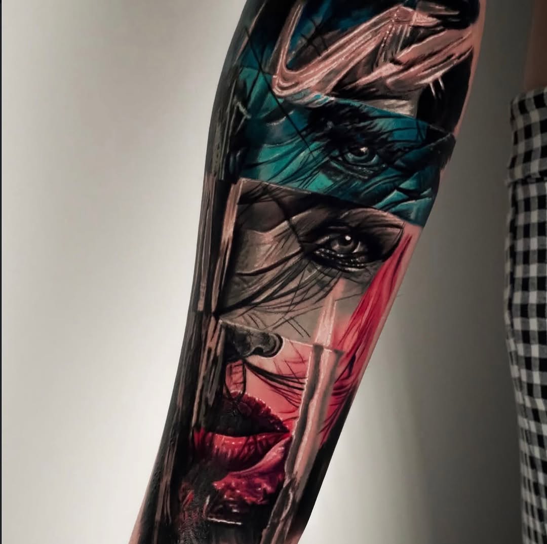 Abstract portrait surrealism tattoo on the forearm by @inkedbystabby, Manchester, New Hampshire