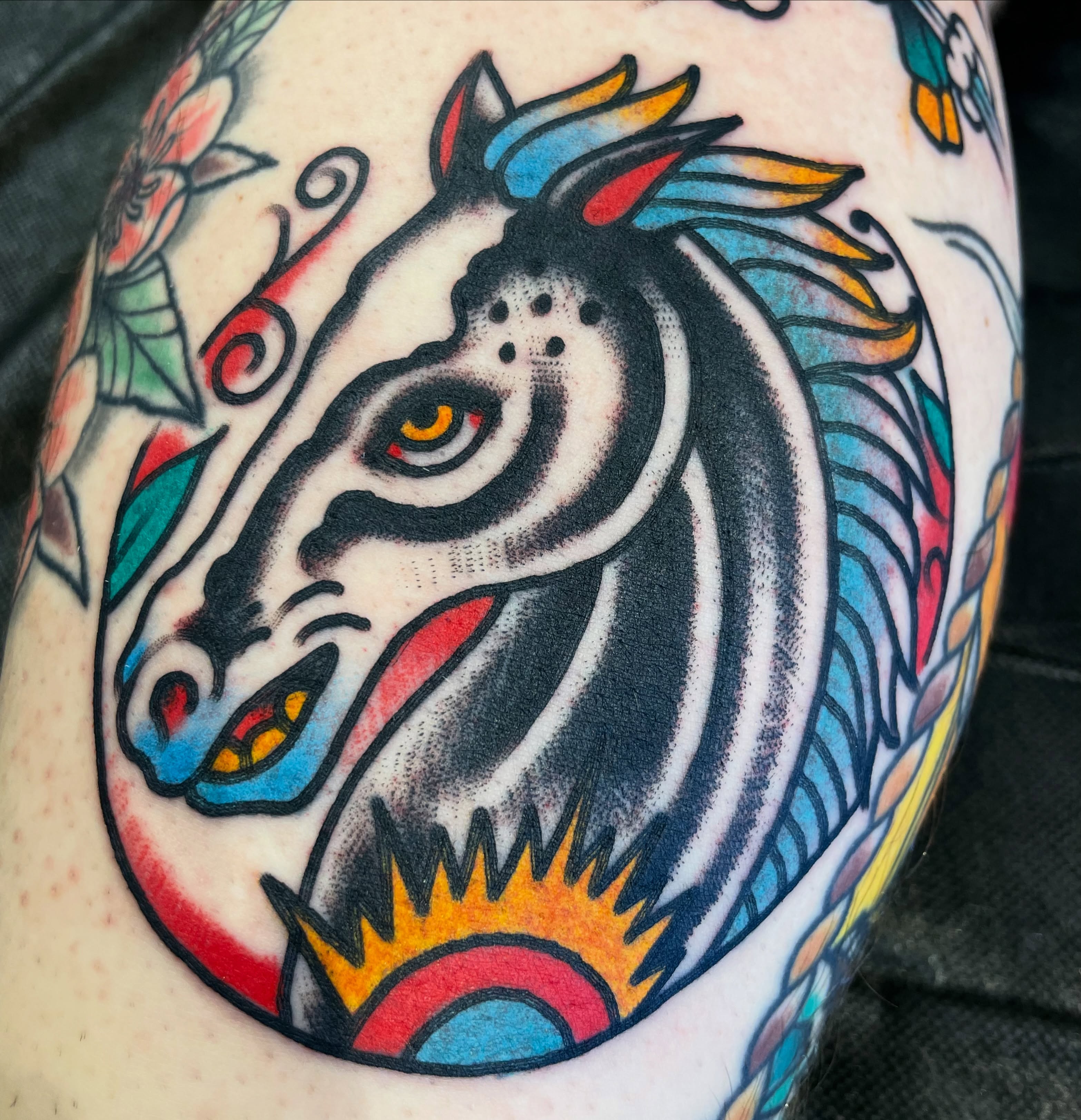 Zebra American traditional tattoo on the thigh by matt nelson