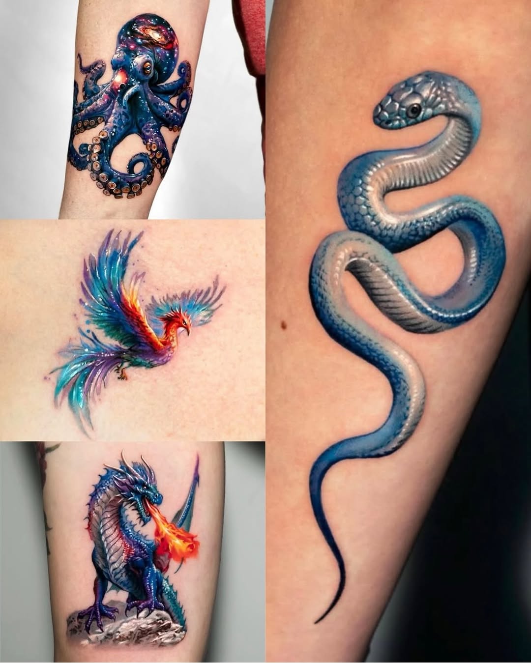 Octopus, phoenix, dragon, snake watercolor tattoo on the forearm by Tattooist HARRY COLOR