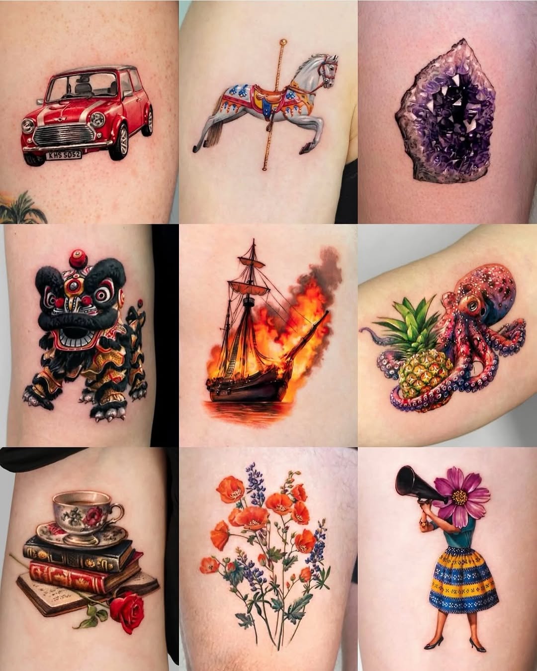 Red mini cooper car watercolor tattoo on the forearm by Tattooist HARRY COLOR