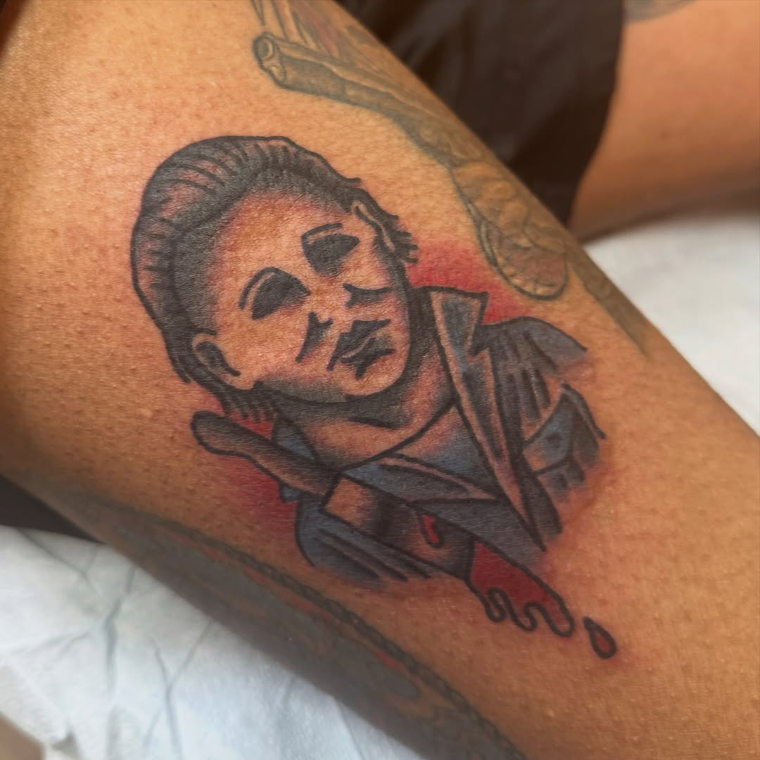Michael Myers from Halloween realism tattoo on the forearm by norawillstattoo