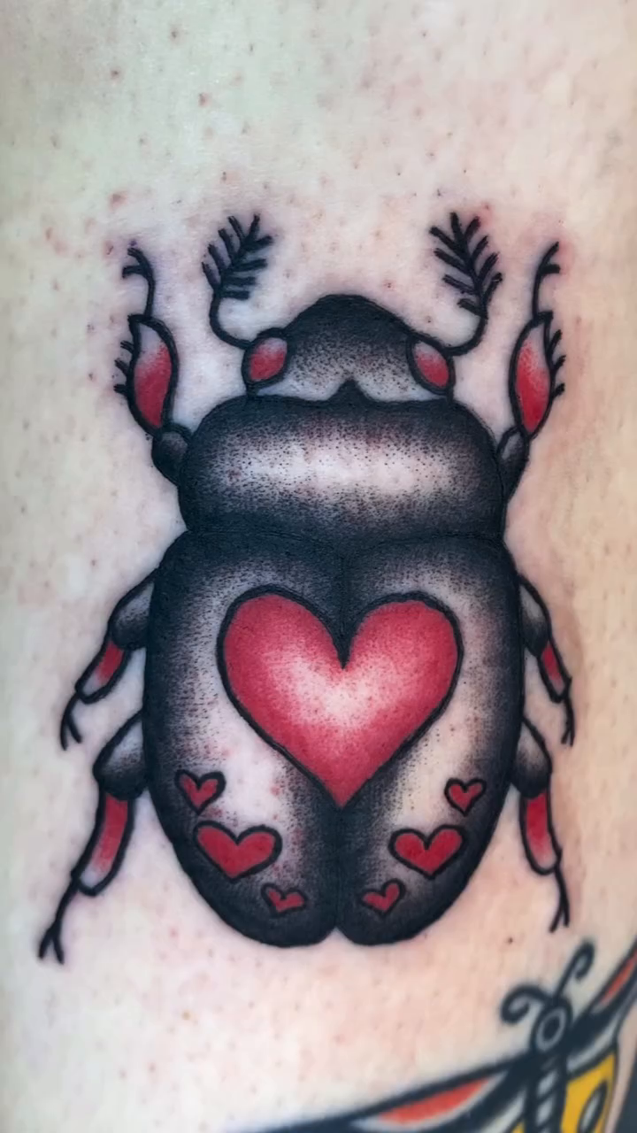 Scarab beetle with heart fine line tattoo on the forearm by Laura🦋