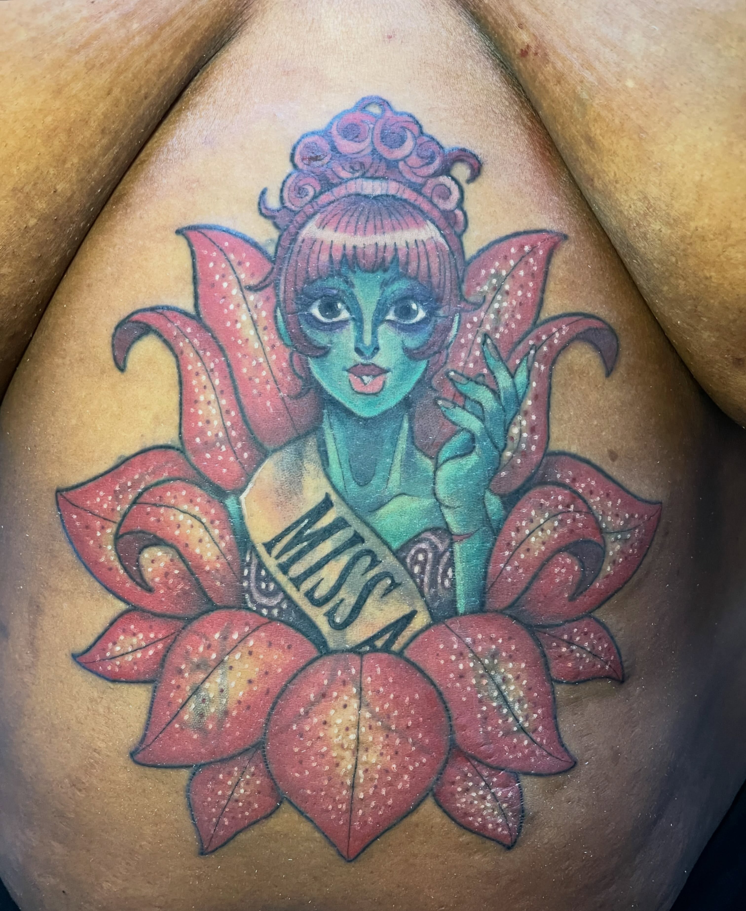 Beauty queen American traditional tattoo on the chest by 🌿Izzy🌿