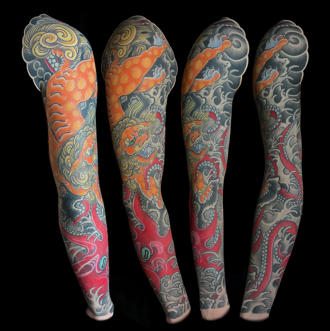 Dragon and octopus sleeve Japanese tattoo on the upper arm by Mark Thompson, Dallas, Texas