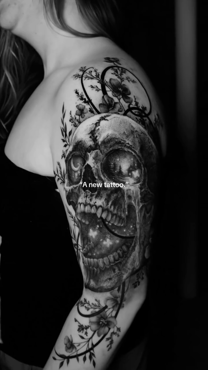 Skull and floral sleeve realism tattoo on the upper arm by Ohio Tattoo Artist - Tehya Maxwell, Springfield, Ohio