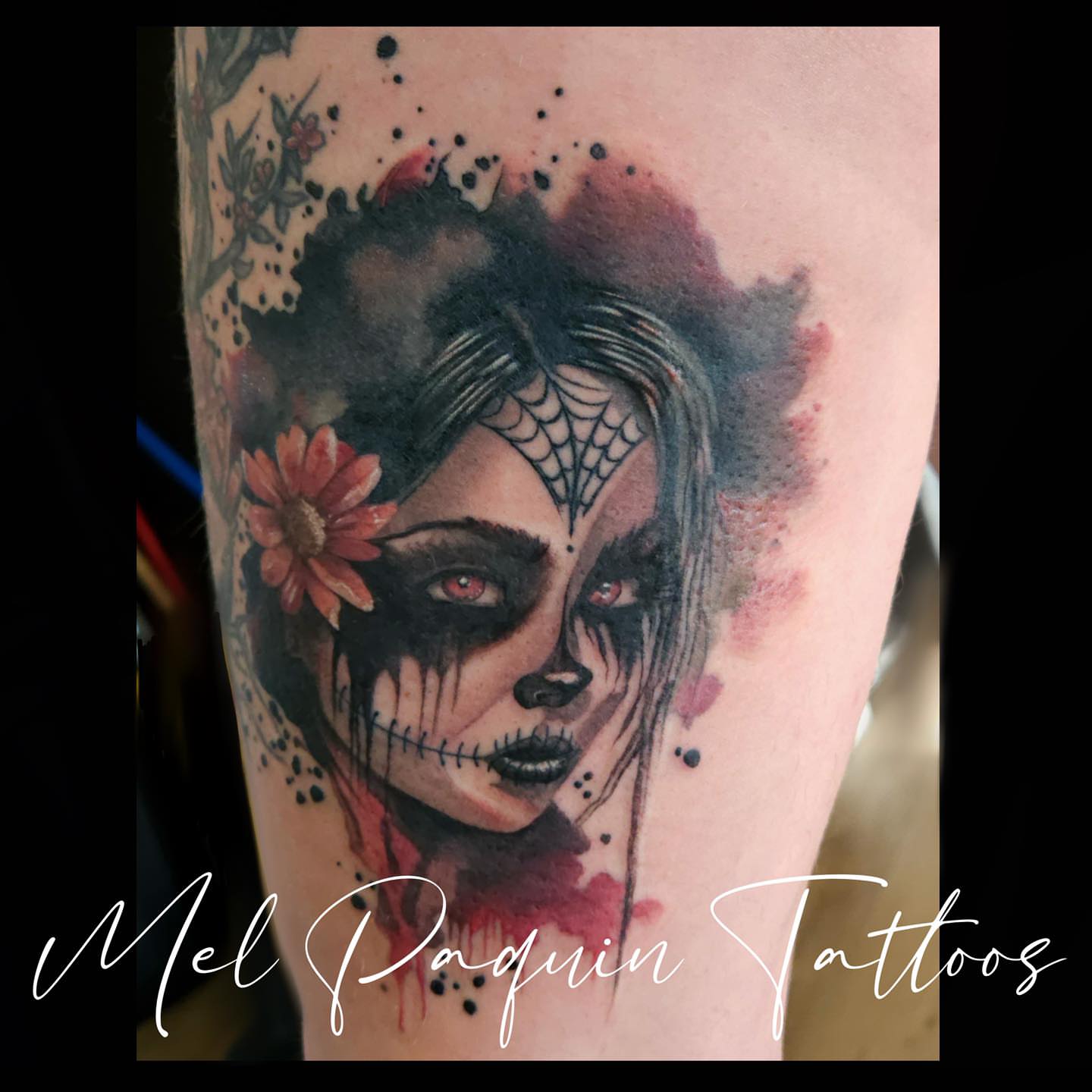 Catrina dark realism tattoo on the forearm by Mel Paquin