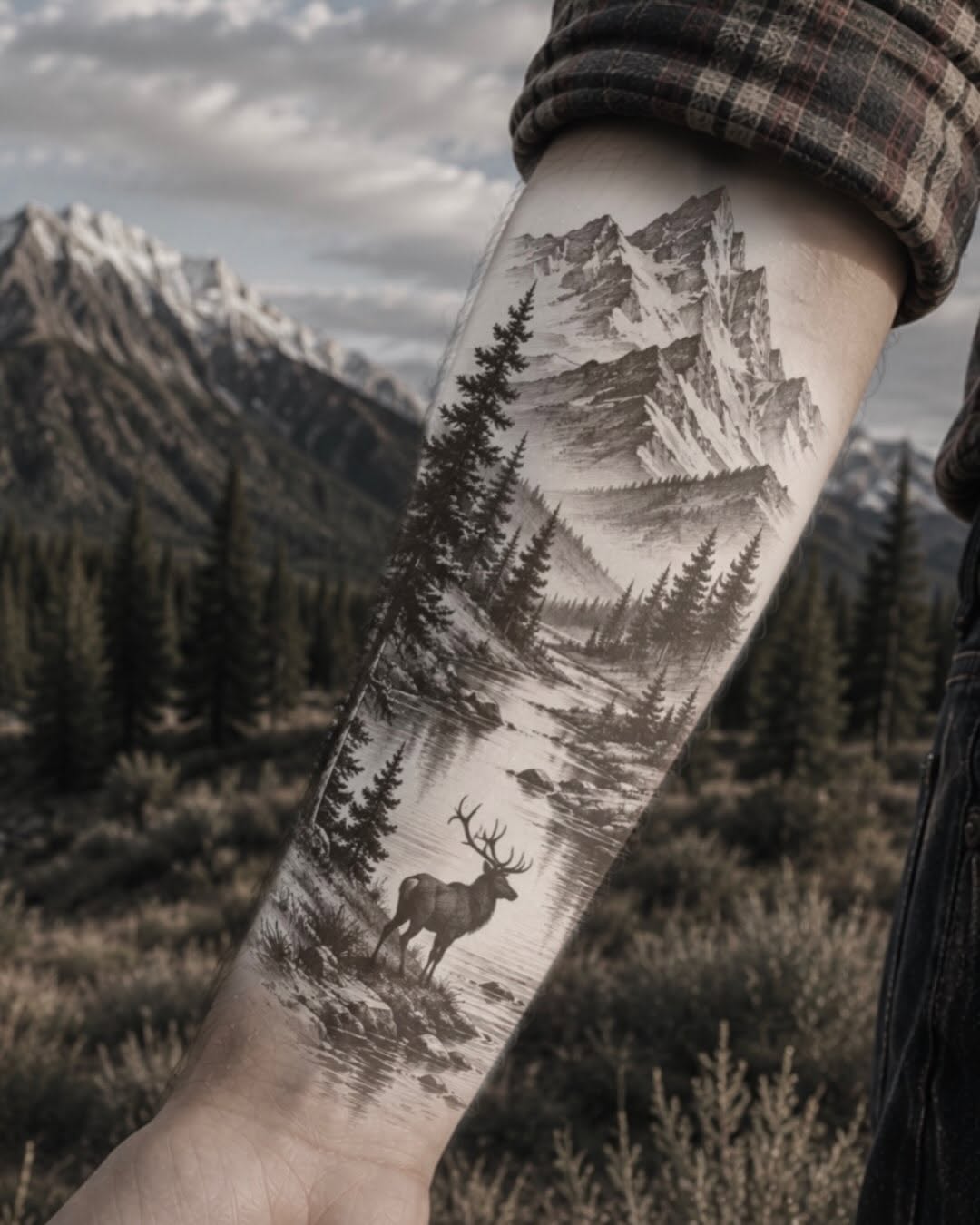 Deer and mountain landscape fine line tattoo on the forearm by Mtctattoos