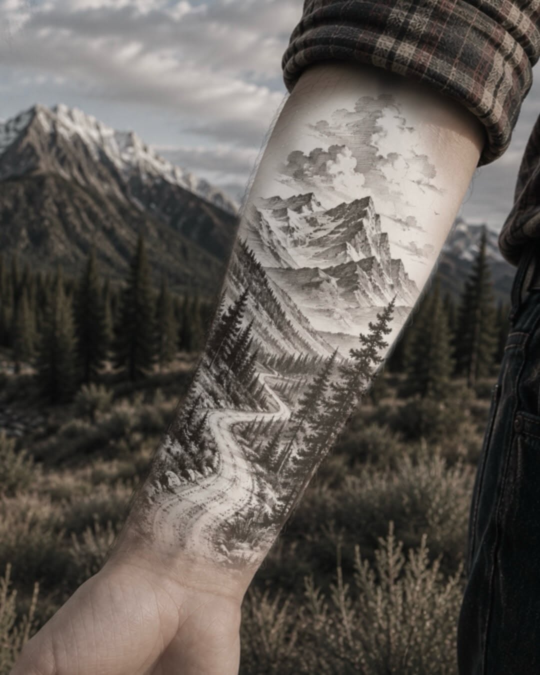 Mountain landscape with winding road fine line tattoo on the forearm by Mtctattoos