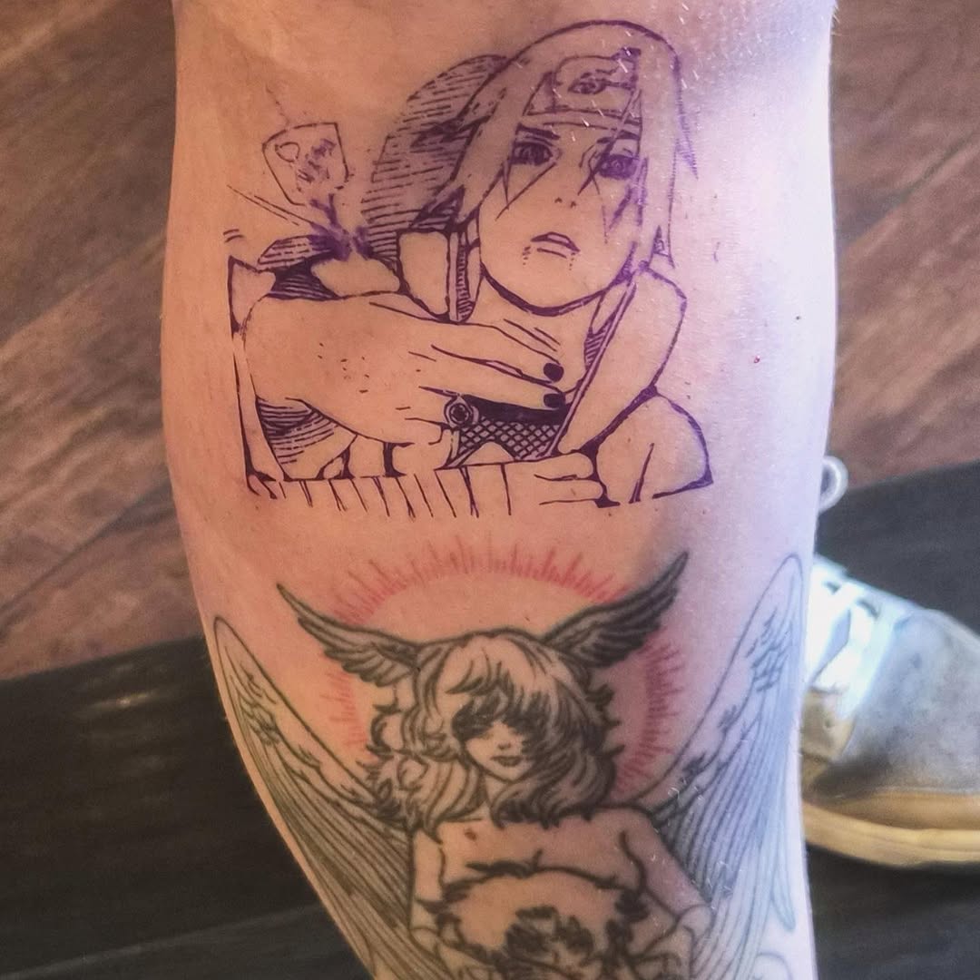 Itachi Uchiha and angel cherub anime tattoo on the forearm by Cielle