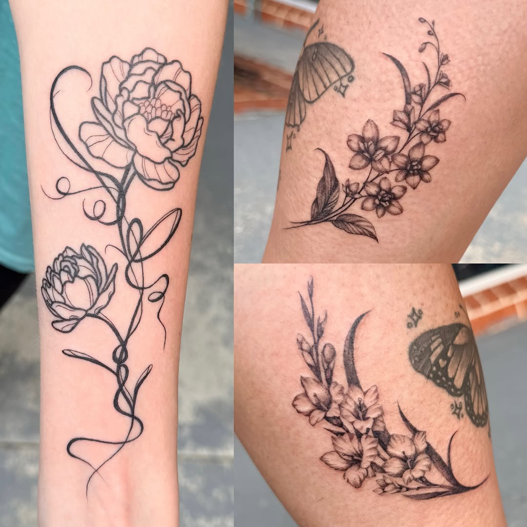 Flowers fine line tattoo on the thigh by Maggie George