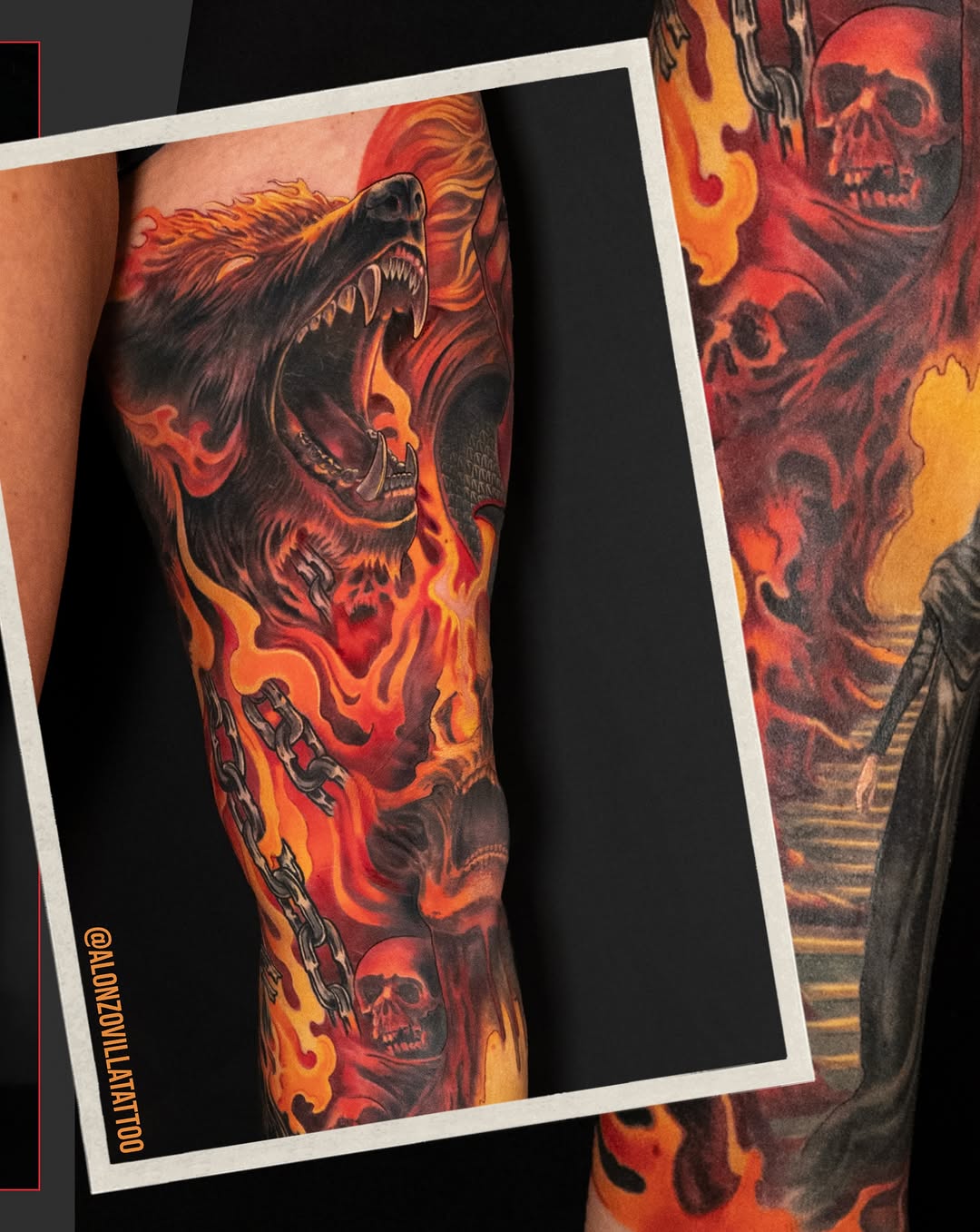 Bear and skulls in flames realism tattoo on the forearm by Alonzo Villa Tattoo
