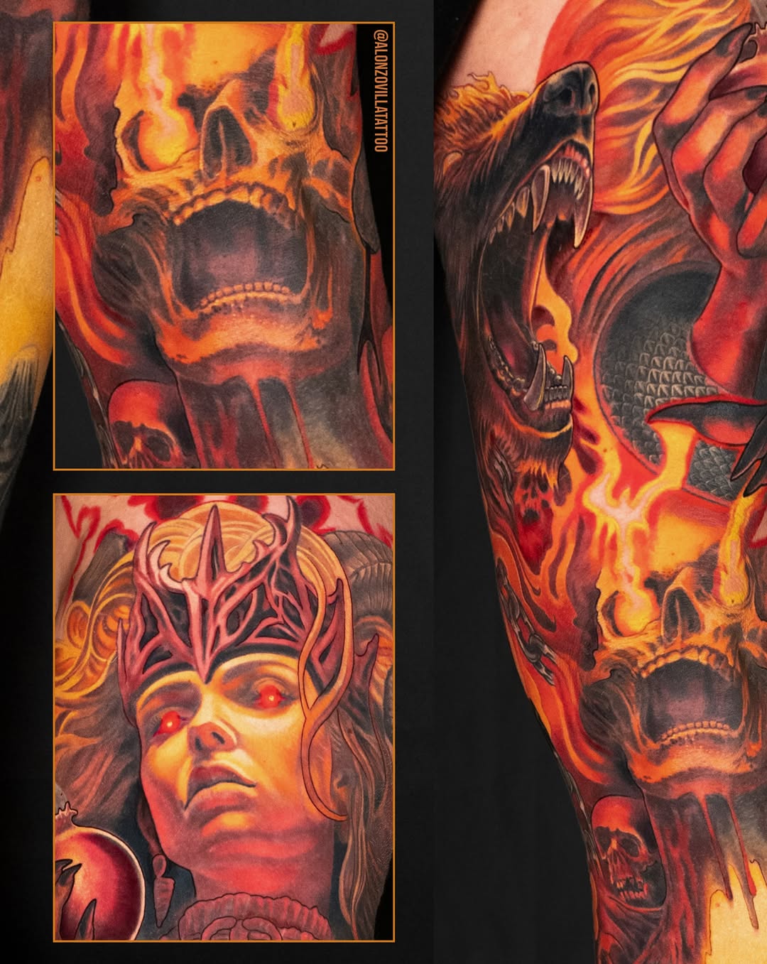 Demon bear and skull with fire dark art tattoo on the upper arm by Alonzo Villa Tattoo
