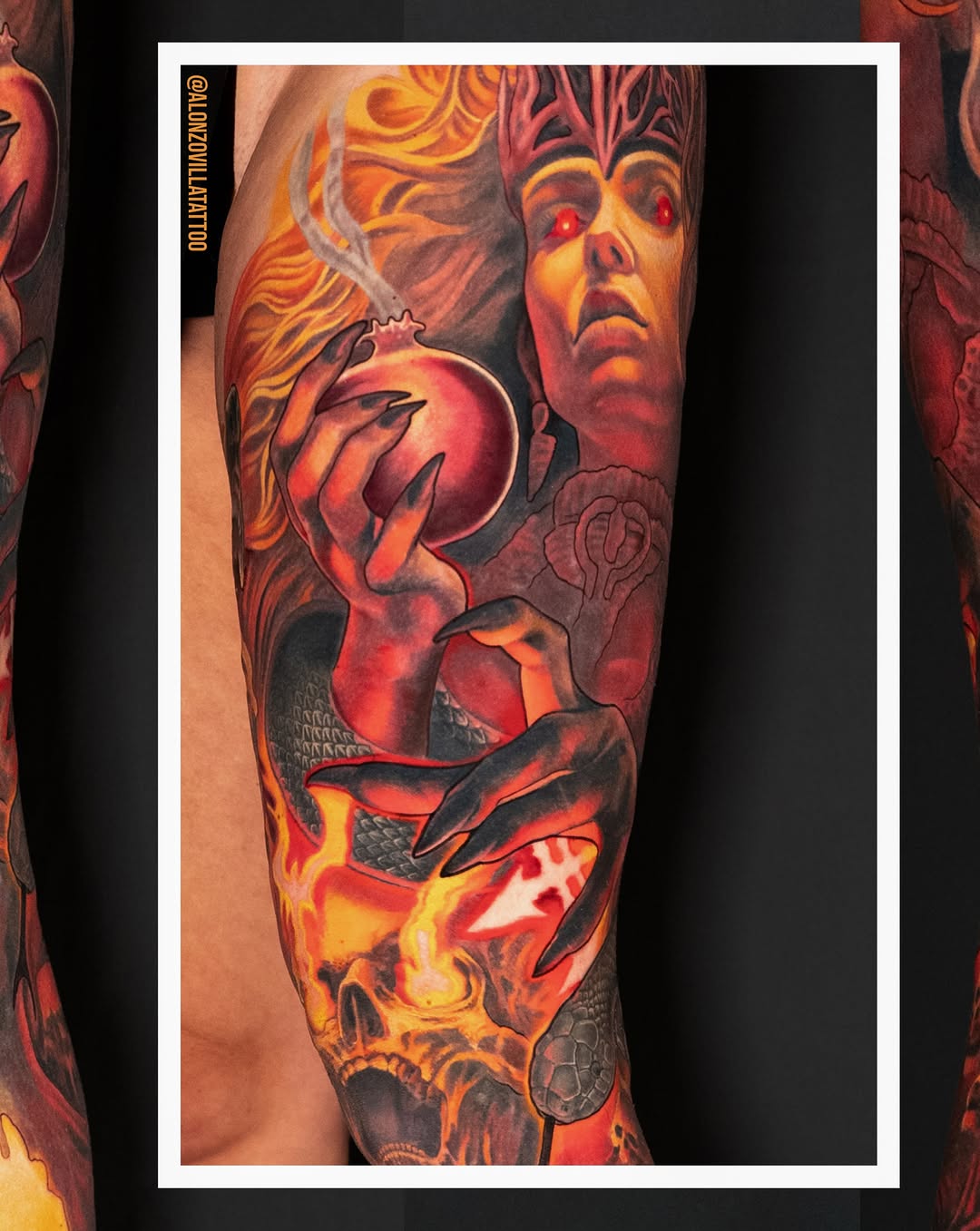 Demon with skull and pomegranate dark art tattoo on the forearm by Alonzo Villa Tattoo
