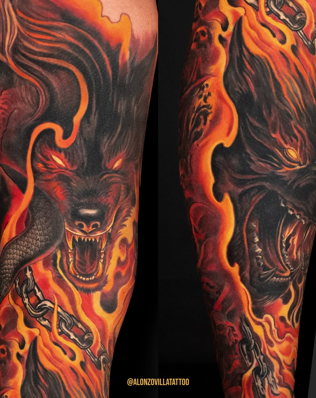 Demon wolf with chains and fire realism tattoo on the forearm by Alonzo Villa Tattoo