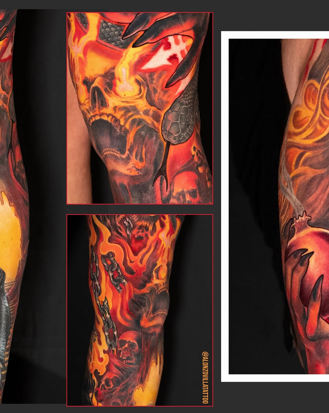 Skull and flames dark art tattoo on the forearm by Alonzo Villa Tattoo