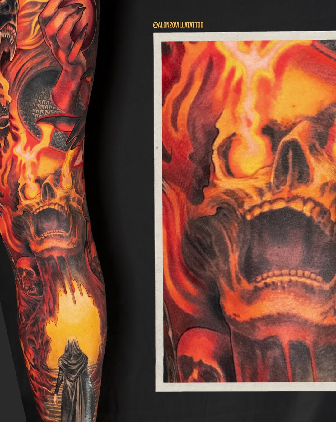 Skull and hooded figure in hellscape dark art tattoo on the forearm by Alonzo Villa Tattoo
