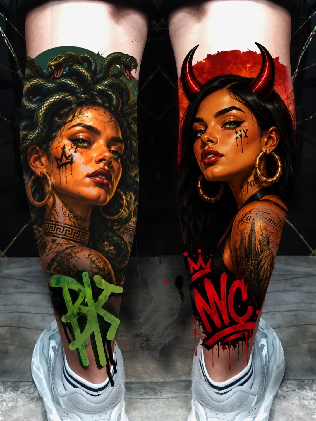 Medusa and devil girl portraits realism tattoo on the leg by ✨ Tattoo Artist
